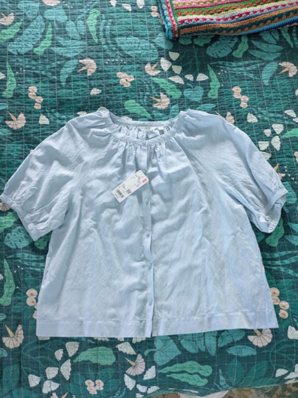NEW UNIQLO Women Sz L Shirt Blue Linen Blend Volume Raglan Sleeve Peasant Boho